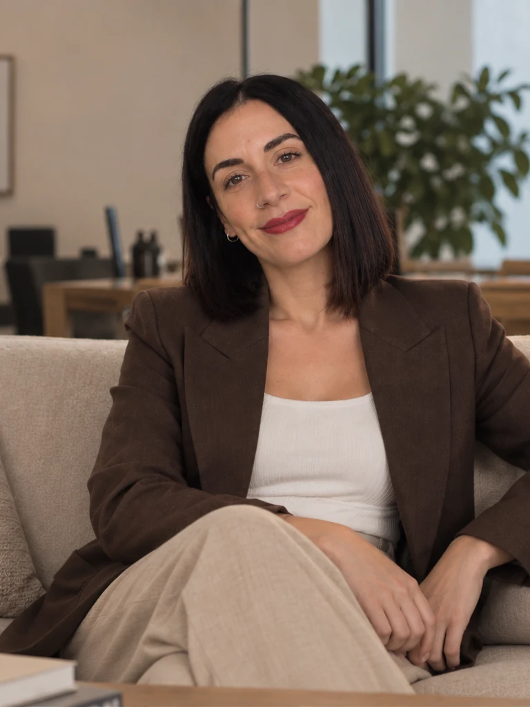 Ángela Ruiz, sentada en un sofá en un espacio de trabajo con luz natural.